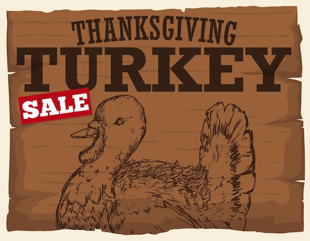 Wooden sign with turkey design in hand drawn style promoting turkeys on sale for Thanksgiving season