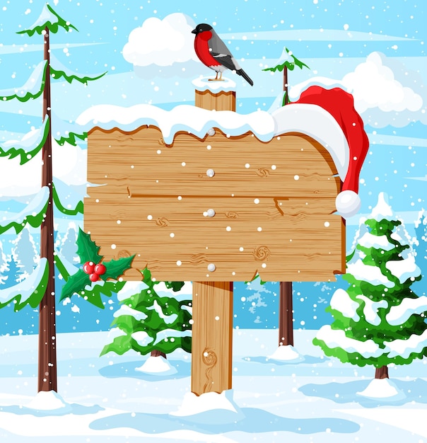 Wooden signboard against winter landscape with pine forest bullfinch and snowfall Winter landscape with fir trees forest and snowing New year celebration xmas holiday Vector illustration flat style