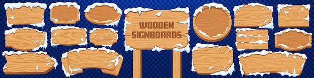 Vector wooden signboard icon set snowy style