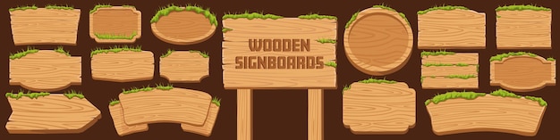 Wooden signboard icon set Spring style