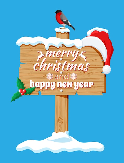 Vector wooden signboard isolated on blue with bullfinch bird holly and santa claus hat happy new year decoration merry christmas holiday new year and xmas celebration vector illustration flat style