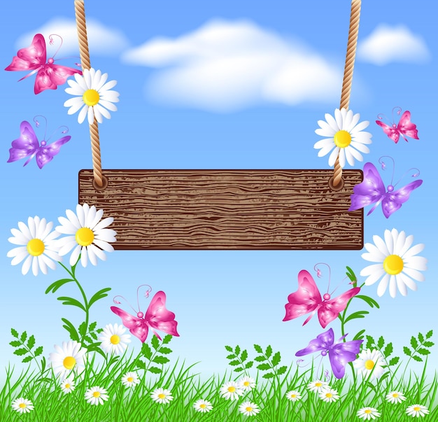 Wooden signboard on the meadow with daisies