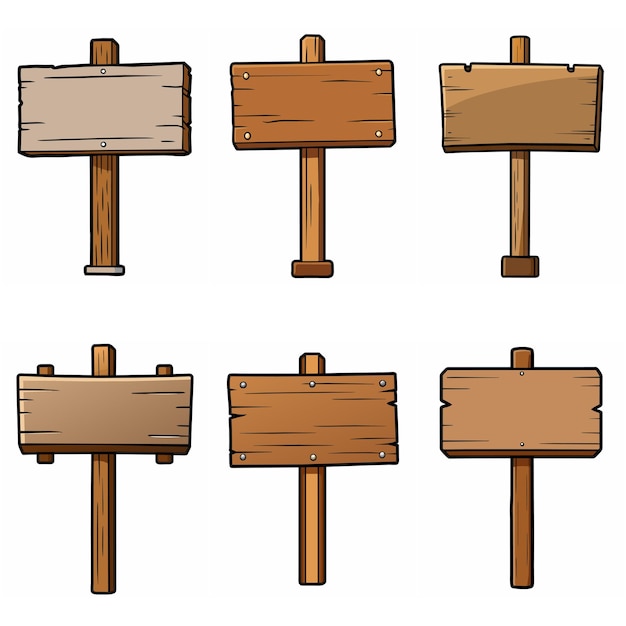 Vector wooden signboard set medieval vintage wood signs boards on pole road direction signposts