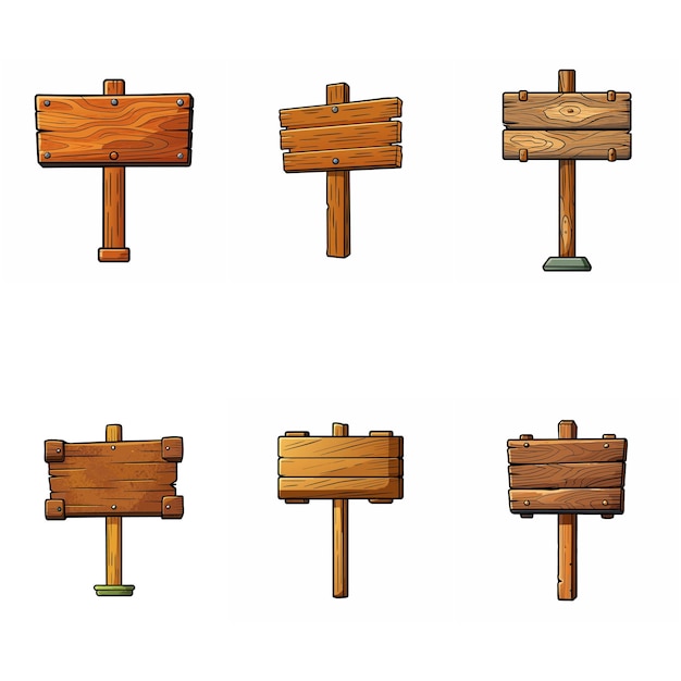 Wooden signboard set Medieval wood signs boards on pole Road direction signposts Vector art