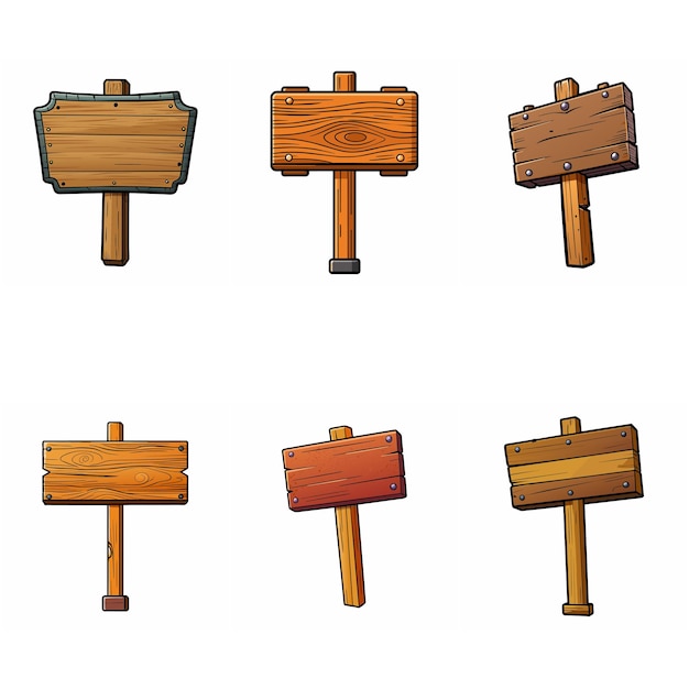 Vector wooden signboard set medieval wood signs boards on pole road direction signposts vector art