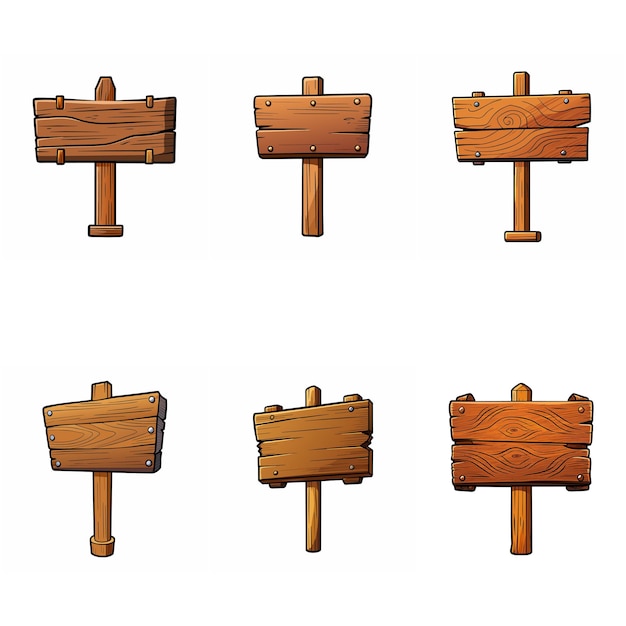 Wooden signboard set Medieval wood signs boards on pole Road direction signposts Vector art