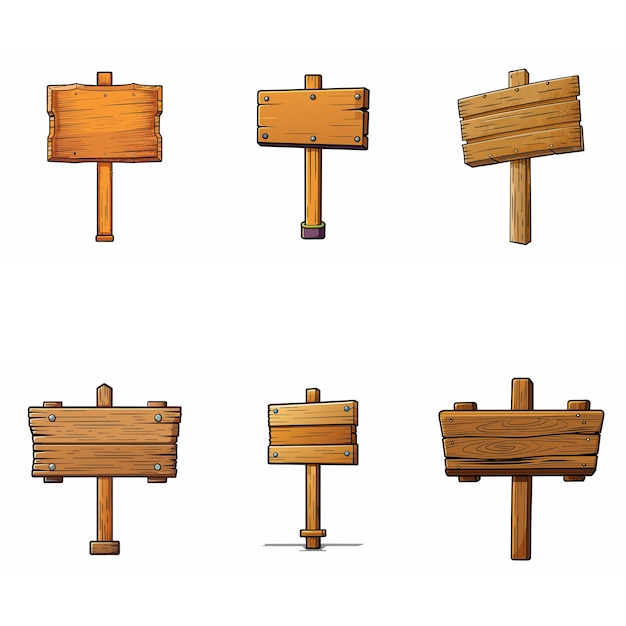 Wooden signboard set Medieval wood signs boards on pole Road direction signposts Vector art