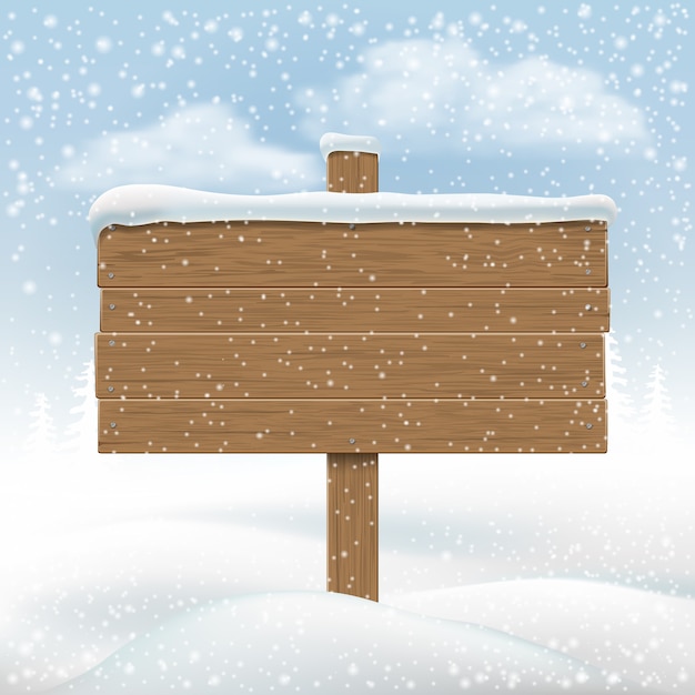 Vector wooden signboard in snowbank.