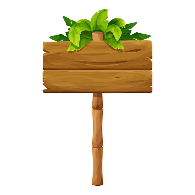 Wooden signboard with bamboo stick ant tropical leaves in cartoon style, empty signpost