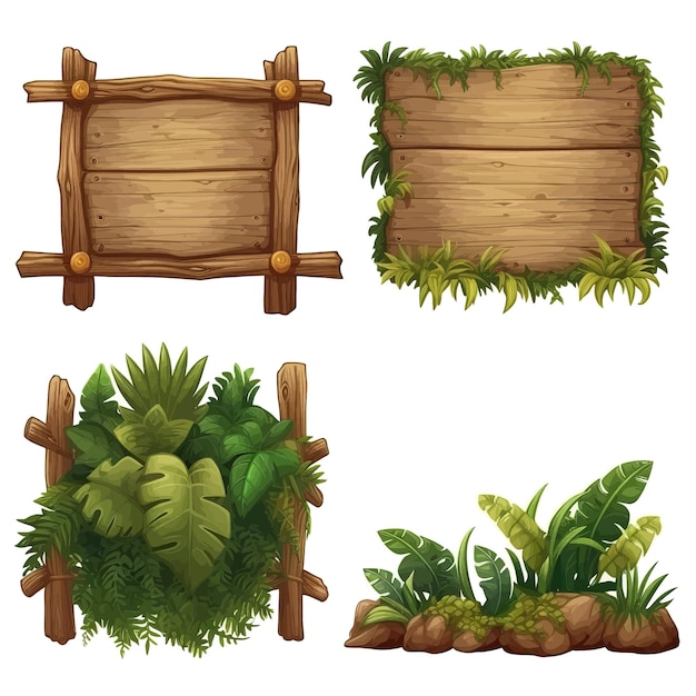 Wooden signboards in jungle Wood board with tropic leaves moss and liana plants for game ui