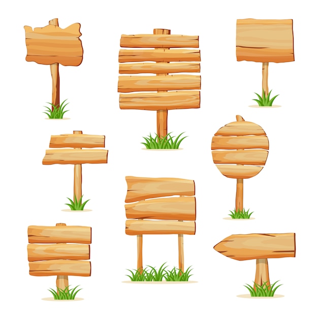 Wooden signpost in grass isolated  set