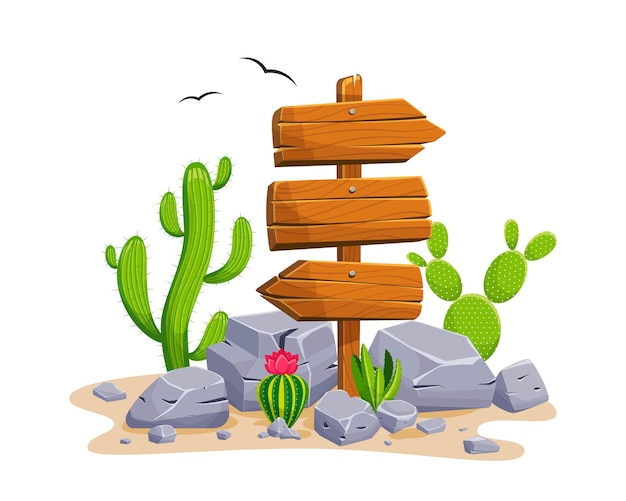Wooden signpost with stones and cacti with empty space for text Set of a cartoon of wooden signs of various forms standing on the rocks in a desertv Vector illustration
