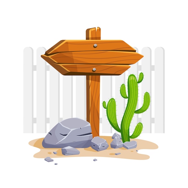 Wooden signpost with stones and cacti with empty space for text Set of a cartoon of wooden signs of various forms standing on the rocks in a desertv Vector illustration