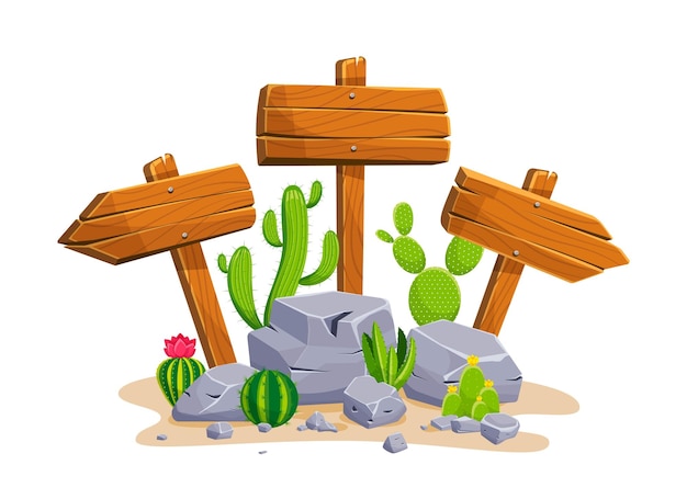 Wooden signpost with stones and cacti with empty space for text Set of a cartoon of wooden signs of various forms standing on the rocks in a desertv Vector illustration