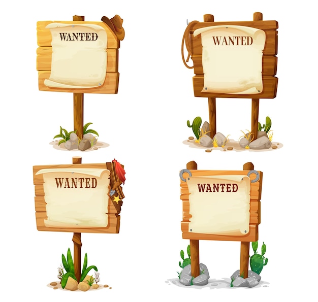 Vector wooden signs cartoon western wanted boards