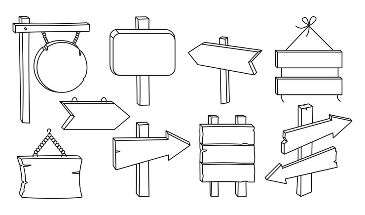Vector wooden signs empty billboard black line set. rural arrow pointer collection
