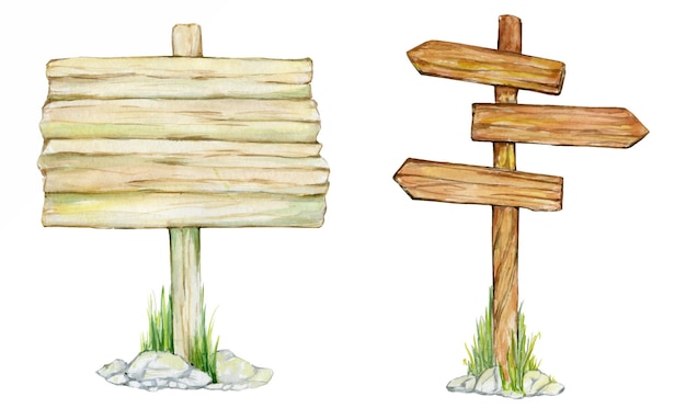 Wooden signs grass stones a watercolor set of objects on an isolated background