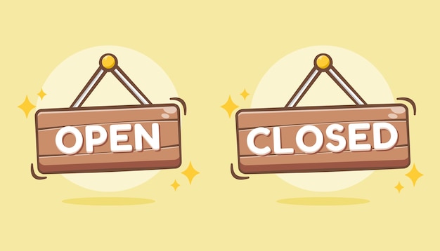 Vector wooden signs of open and close cartoon illustration