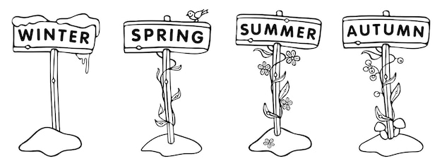 Деревянные знаки Seasons Set Cartoon Outline Doodle для раскраски для детей Premium векторы