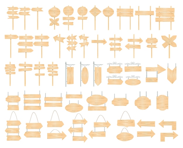 벡터 흰색 배경에 설정된 나무 표지판 화살표 보드 및 널빤지 방향 또는 정보 표시의 개념