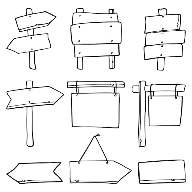 Wooden signs and signpost set engraving outline doodle cartoon style premium vector