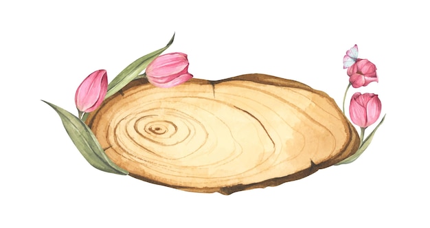 Wooden slice with floral decoration watercolor illustration