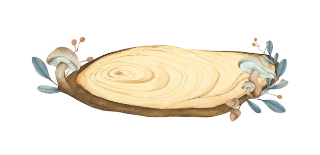 Fetta di legno con decorazione floreale illustrazione ad acquerello