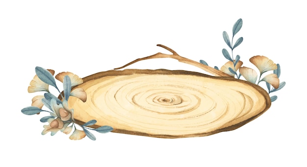 Fetta di legno con decorazione floreale illustrazione ad acquerello