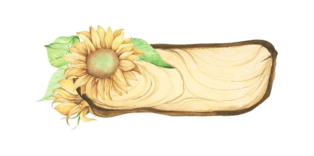 Vector wooden slice with floral decoration watercolor illustration