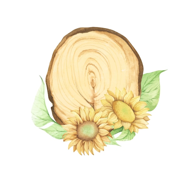 Wooden slice with floral decoration watercolor illustration