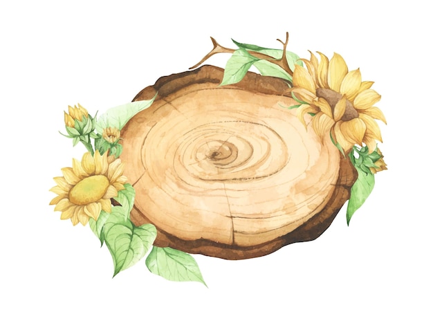 Vector wooden slice with floral decoration watercolor illustration