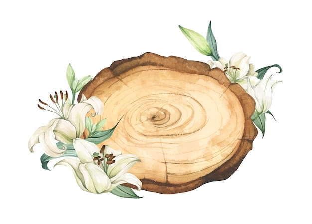 Vector wooden slice with floral decoration watercolor illustration