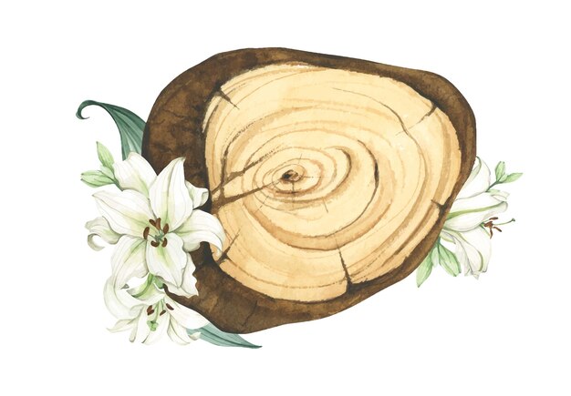 Wooden slice with floral decoration watercolor illustration