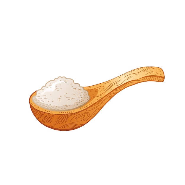 Cucchiaio di legno con schizzo di cibo farina di frumento riso sale marino spezie patata avena zucchero porridge doodle disegnato a mano illustrazione vettoriale disegno vintage isolato sfondo bianco