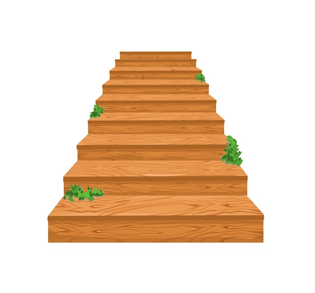 Vector wooden staircase leading up with sprouted greenery cartoon staircase for a castle or an old house