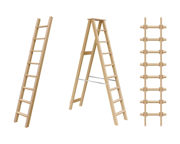 Vector wooden stairs, stepladder and rope ladder realistic set