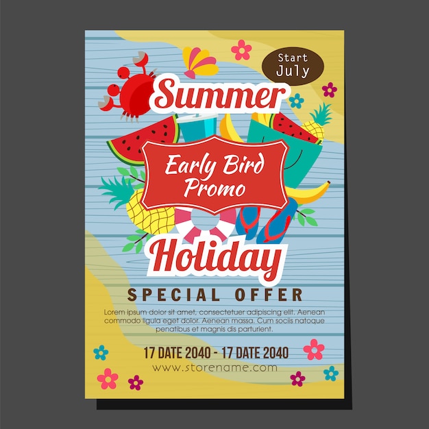 Vector wooden summer holiday early bird promo flat style tropical fruit vector illustration