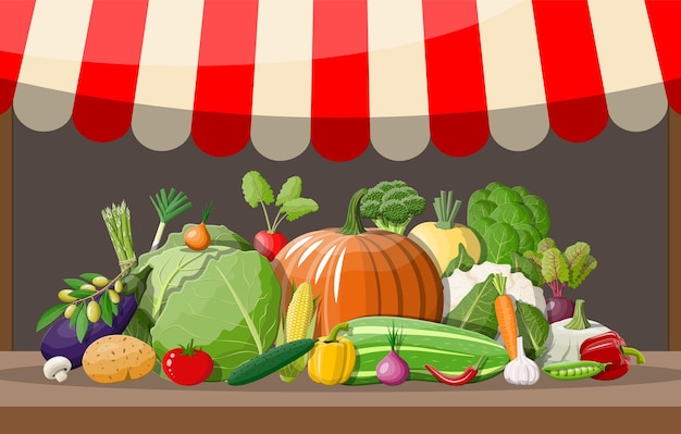 Wooden supermarket shelf with vegetables