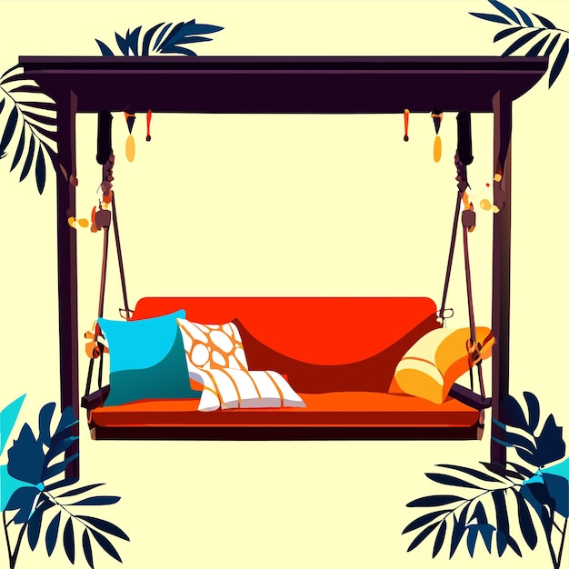 Vector wooden swing bench with pillows and blanket