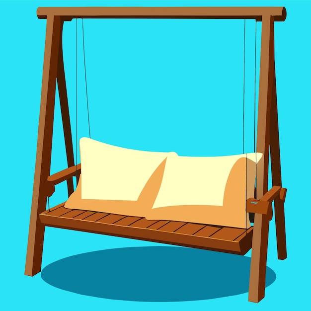 Wooden swing bench with pillows and blanket