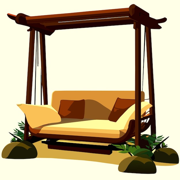 Vector wooden swing bench with pillows and blanket