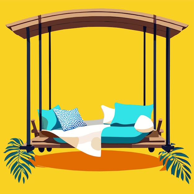 Vector wooden swing bench with pillows and blanket