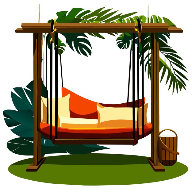 Vector wooden swing bench with pillows and blanket