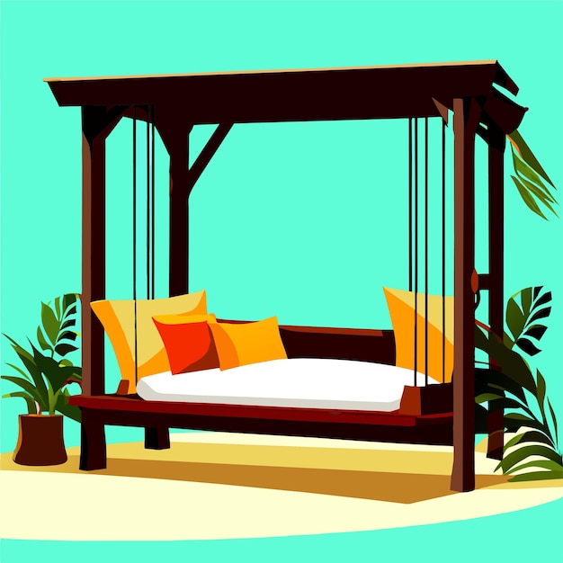 Vector wooden swing bench with pillows and blanket