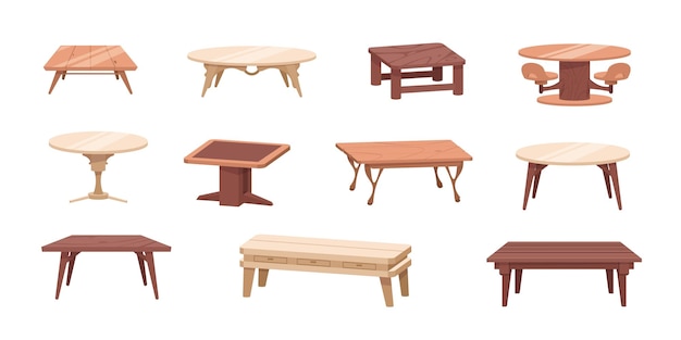 Tavolo in legno mobili per interni ed esterni dei cartoni animati modelli di tavoli da pranzo antichi e moderni set di falegnameria per la casa isolata piani per tavoli da cucina quadrati o rotondi vettoriali in legno