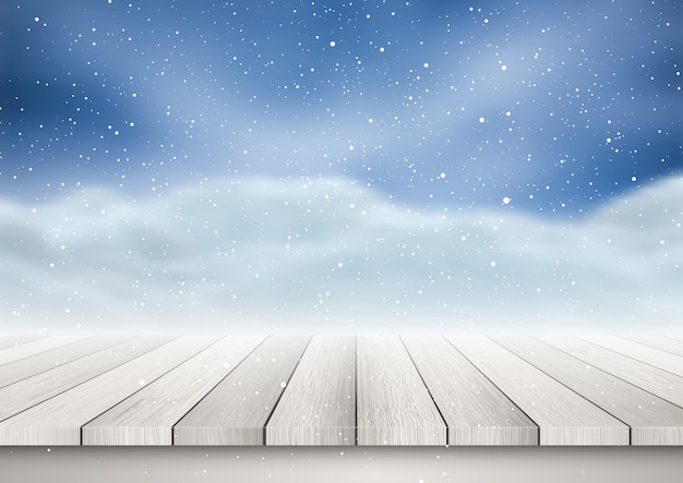 Wooden table looking out to a snowy landscape 