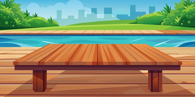 Wooden table top on blurred front of a pool background