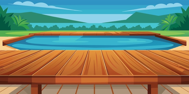 wooden table top on blurred front of a pool background