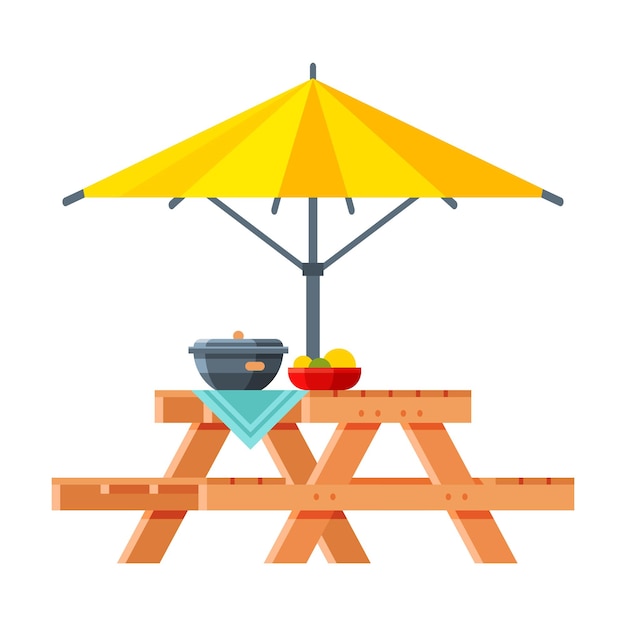 Wooden Table with Benches and Sunshade Umbrella Modern Garden Furniture Design Flat Vector Illustration