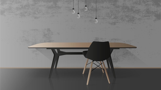 Vector wooden table with black metal base. black chair. empty table, gray, concrete wall.   illustration